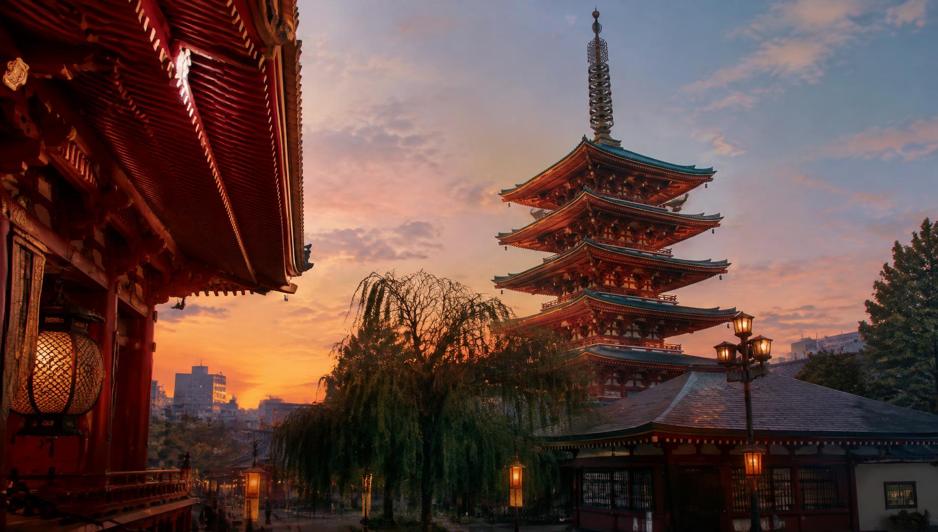 La pagode du temple Sensō-ji au crépuscule